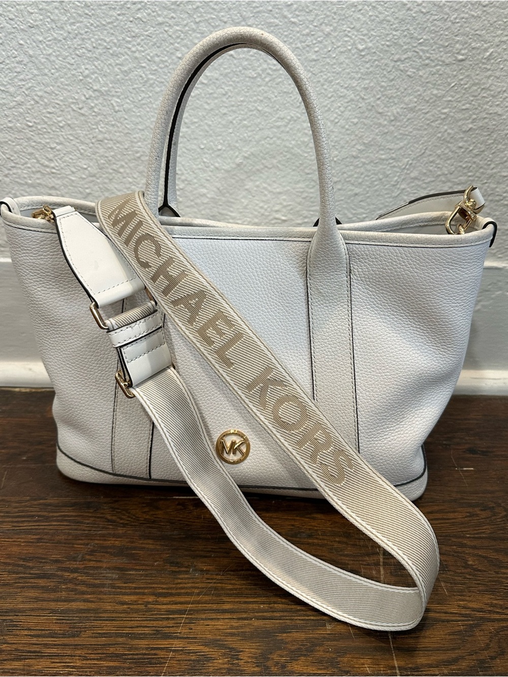 Michael Kors White Leather Shoulder Tote with Branded Strap